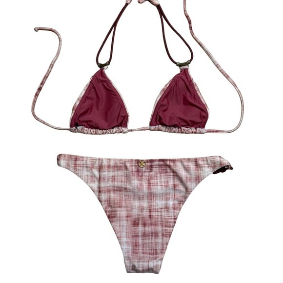 Vix Paula Hermanny Plaid Brazilian Triangle Bikini Set Burgundy Pink XS - Picture 3 of 10